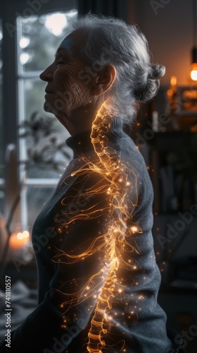 An older woman stands by the window, staring outside intently