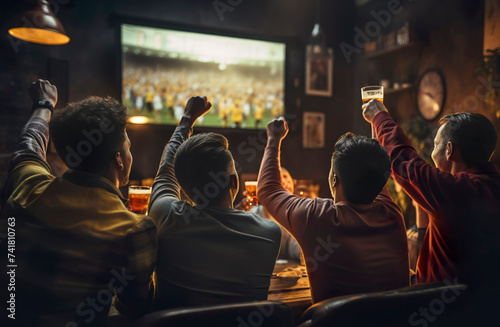 back, rear view of Group of young friends drinking beer watching football on tv green screen at sports bar. people watching a match in sports bar. fans watching a game in pub, celebrate goal mock up  