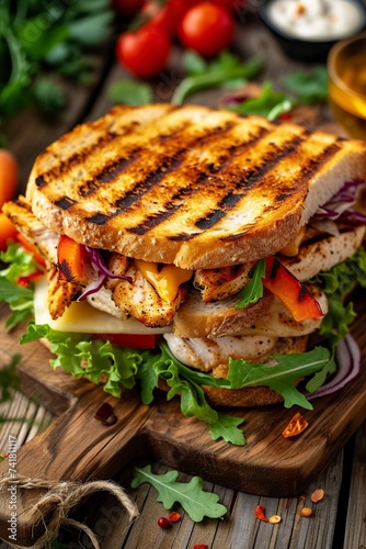 large sandwich with grilled chicken, cheese and fresh vegetables