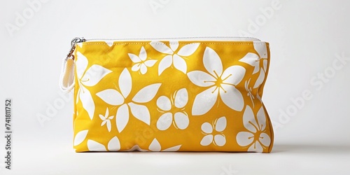 Stylish yellow canvas cosmetic bag with simple graphic white flowers print, isolated on white background. photo