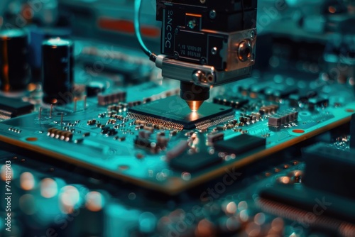 High Precision Robot Arm in Electronics Factory for PCB Assembly.