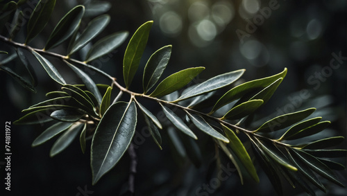 Olive tree leaves with soft detailed texture Natural abstract delicate shapes and fluid lines Focused leaf edges against blurred background Deep green shades providing a dark moody 