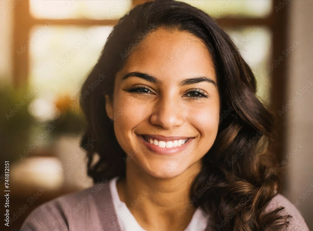 Latin brunette beauty smiling, relaxation at home, joy face closeup. Latin brunette beauty smiling, relaxation at home, joy face closeup.