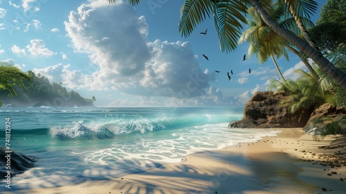 Palm trees sway in the warm breeze, casting dappled shadows upon the glistening shore,