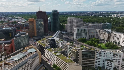 Aerial Drone shot of Leipziger Platz in the center of Berlin , It is located along Leipziger Straße just east of and adjacent to the Potsdamer Platz .