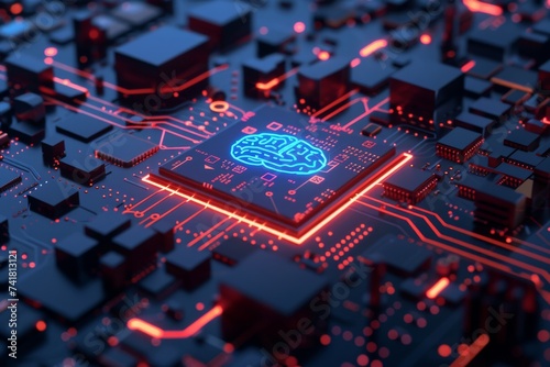 AI Brain Chip semiconductor electronics. Artificial Intelligence quantum mind human mental sharpness mind circuit board. Neuronal network cisc smart computer processor rf circuits