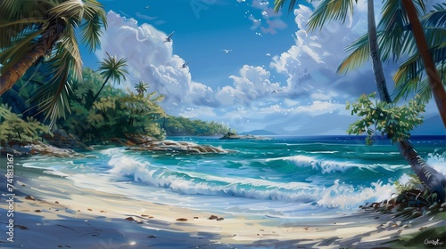 Palm trees sway in the warm breeze, casting dappled shadows upon the glistening shore,