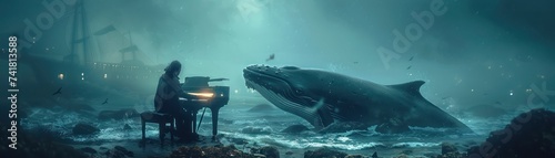 Crafting echoes a musician and a whale sing the song of the ocean in a submerged city twilight with a harp of waves in underwater melody style oceanic echo Ocean s Echo melody of the deep a duo photo