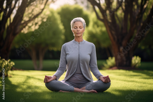 A senior woman is meditating in the park on the grass at a sunny morning