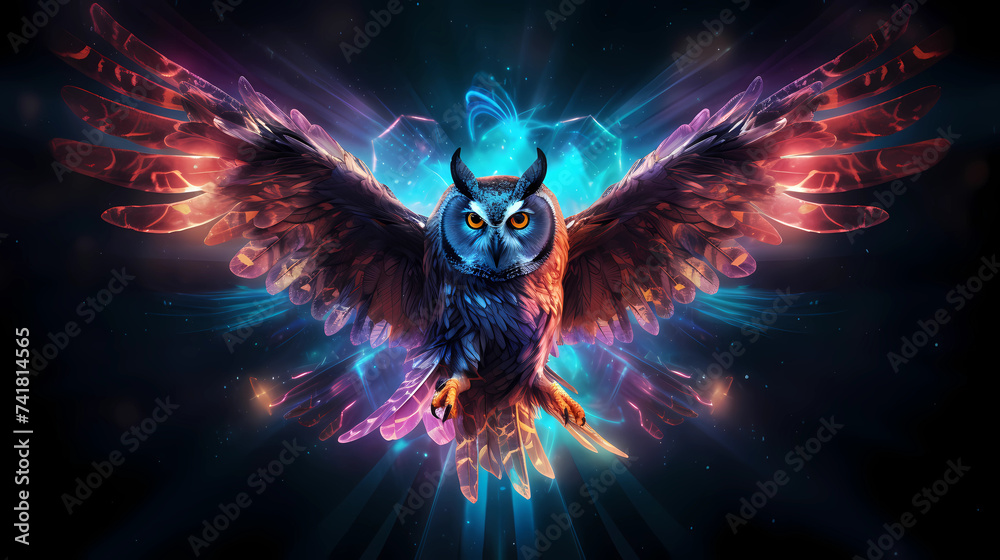 Flying Owl Animal Plexus Neon Black Background Digital Desktop ...