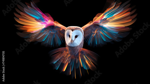 Flying Barn Owl Animal Plexus Neon Black Background Digital Desktop Wallpaper HD 4k Network Light Glowing Laser Motion Bright Abstract	 photo