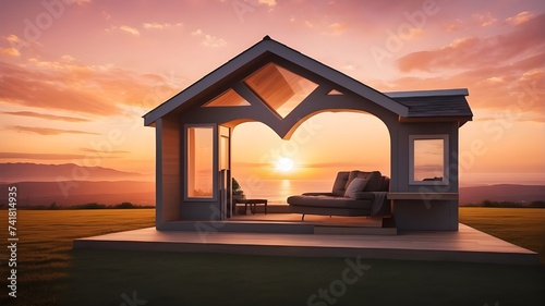 tiny home with a window shaped like a heart against a backdrop of a sunset. Concept of a sweet home. Warmth, love, and safety from family