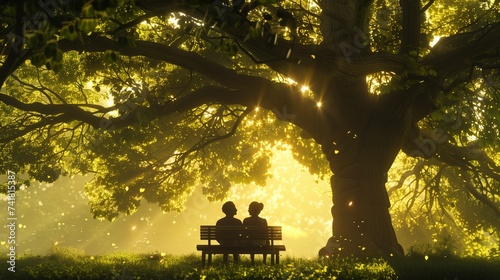Shafts of golden sunlight filter through the canopy above, casting a warm glow upon the scene and illuminating t