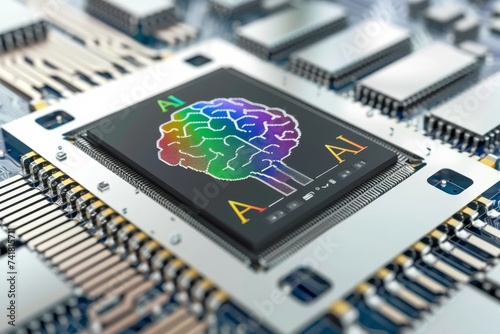 AI Brain Chip continuous integration. Artificial Intelligence brainwave communication mind stream mining axon. Semiconductor user experience circuit board data processing language photo
