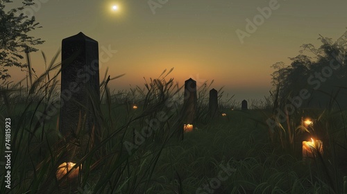 Spectral monuments rise from the earth like silent sentinels, their solemn shapes a testament to the sacrifices of those who have gone before.