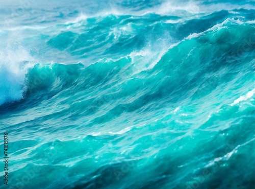 Beautiful photo of blue water flowing in waves with white foam in a ocean. Wallpaper background.