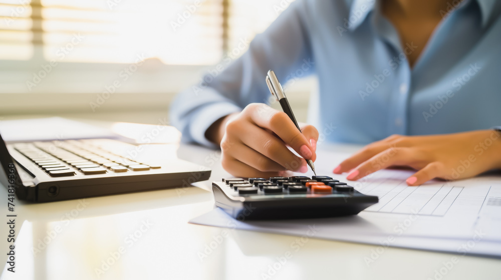 Businessman working in office using calculator with numbers and financial accounting concept - obrazy, fototapety, plakaty 