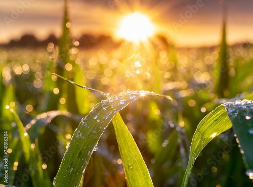 Sunrise over a cornfield at dawn in Illinois in July, dew still on the leaves, sun beams causing camera flare, serene.