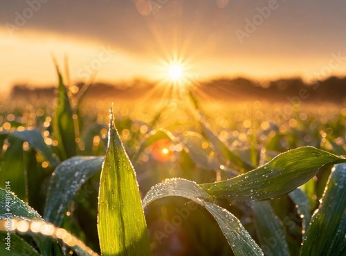 Sunrise over a cornfield at dawn in Illinois in July, dew still on the leaves, sun beams causing camera flare, serene. #741816314