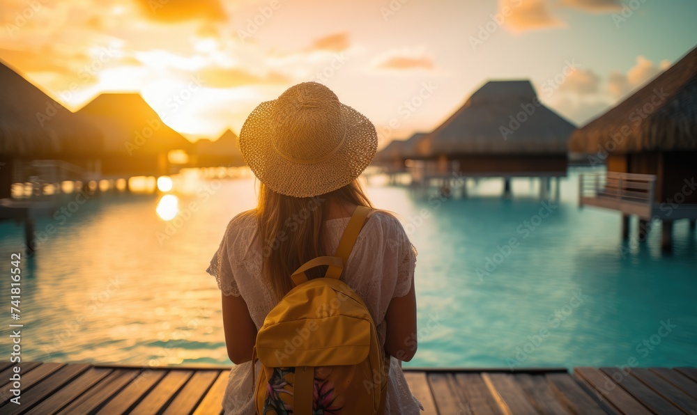 Tropical Escape at Sunset: Woman Influencer Captures Selfies with Backpack in Bora Bora, Showcasing Paradise Vibes and Summer Adventure to Followers.