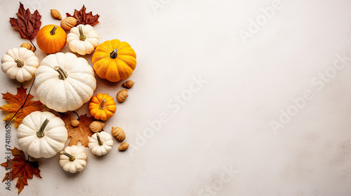 A group of pumpkins with dried autumn leaves and twig, on a white color stone
