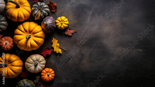 A group of pumpkins with dried autumn leaves and twig, on a dark gray color stone