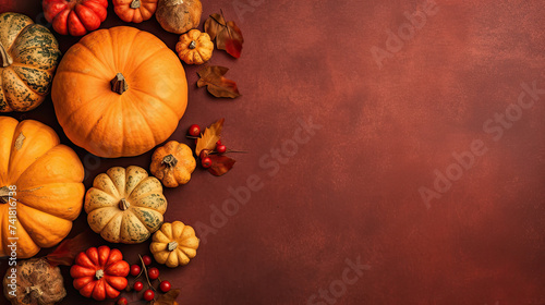 A group of pumpkins with dried autumn leaves and twig, on a red color stone