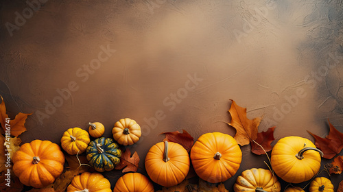 A group of pumpkins with dried autumn leaves and twig, on a orange color stone