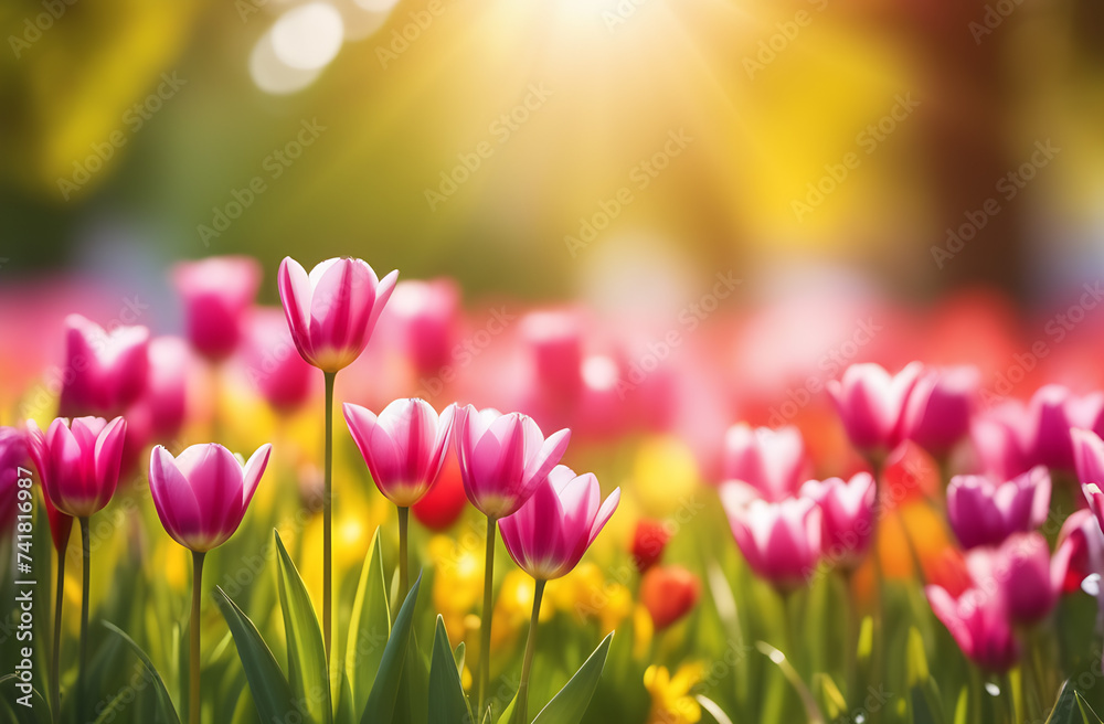 Fototapeta premium Spring flowers background. Sunny blurred background.