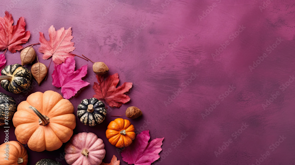 A group of pumpkins with dried autumn leaves and twig, on a fuchsia color stone
