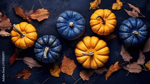 A group of pumpkins with dried autumn leaves and twig, on a indigo color stone