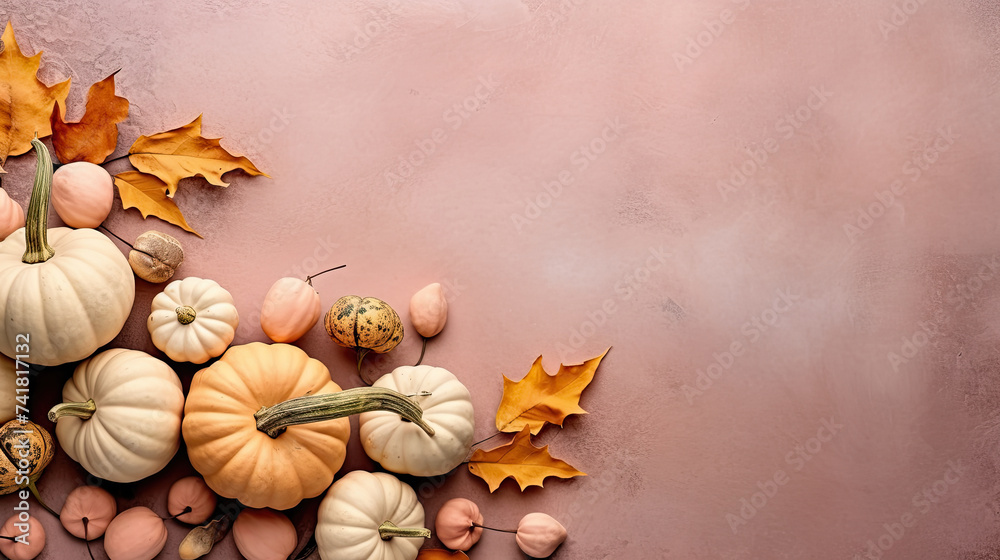 A group of pumpkins with dried autumn leaves and twig, on a blush color stone
