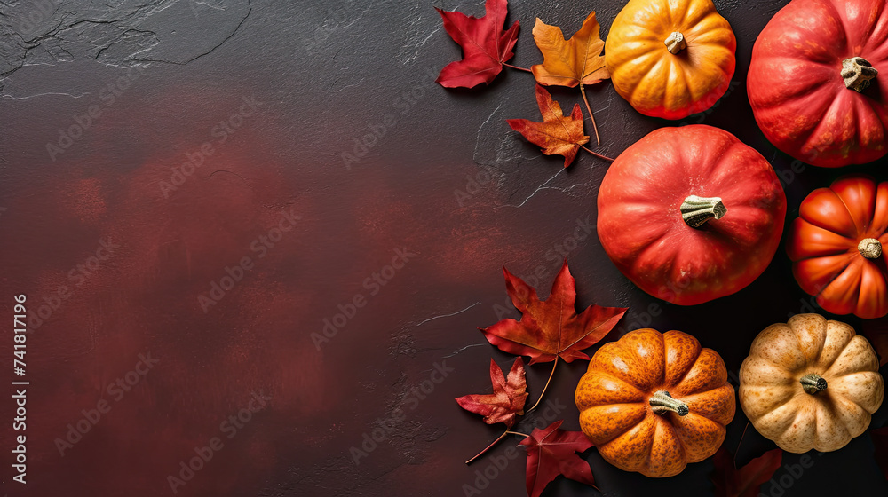 A group of pumpkins with dried autumn leaves and twig, on a scarlet color stone - obrazy, fototapety, plakaty 