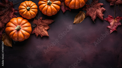A group of pumpkins with dried autumn leaves and twig, on a dark maroon color stone