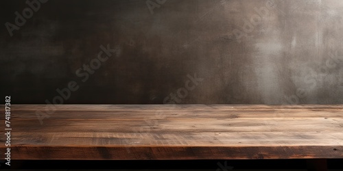Ready for your product display or montage  the wooden table is empty over a grunge wall.