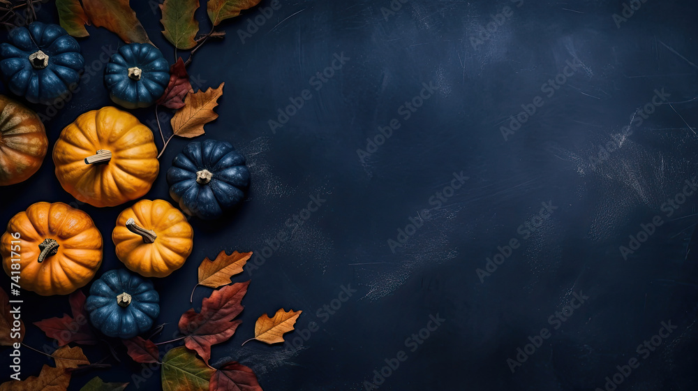A group of pumpkins with dried autumn leaves and twig, on a dark blue color stone