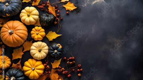 A group of pumpkins with dried autumn leaves and twig, on a light black color stone