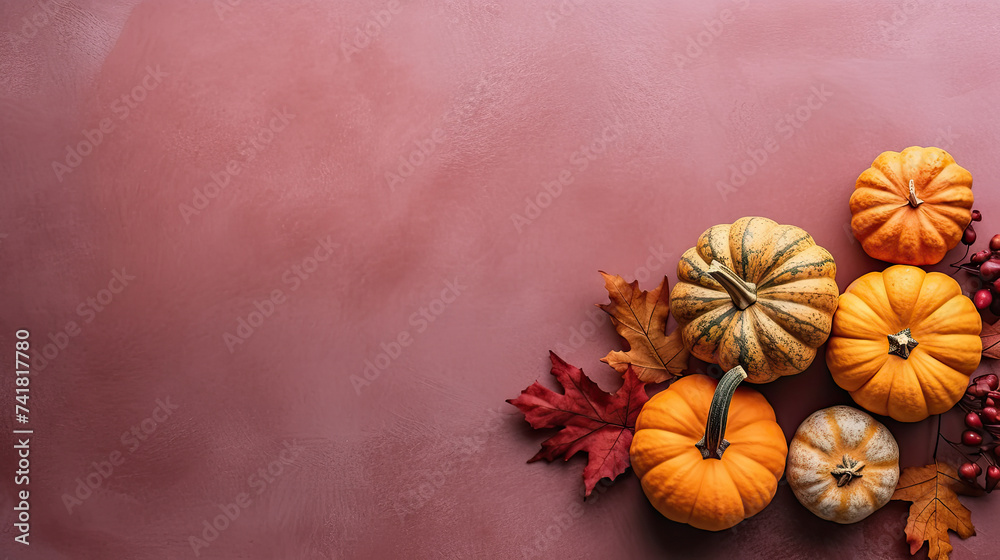 A group of pumpkins with dried autumn leaves and twig, on a light maroon color stone A group of pumpkins with dried autumn leaves and twig, on a light maroon color stone