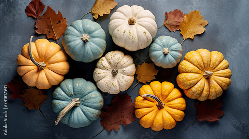A group of pumpkins with dried autumn leaves and twig, on a light cyan color stone