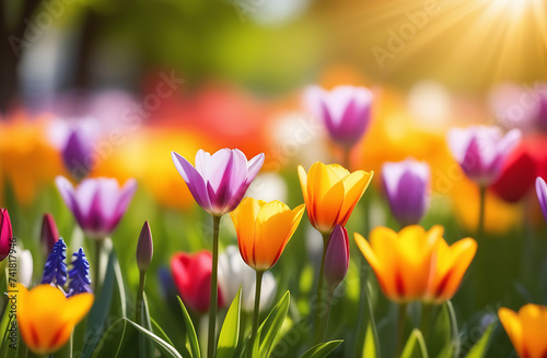 Spring flowers background. Sunny blurred background. © Lilly