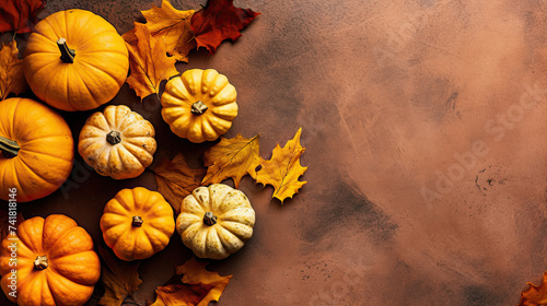 A group of pumpkins with dried autumn leaves and twig, on a vivid orange color stone
