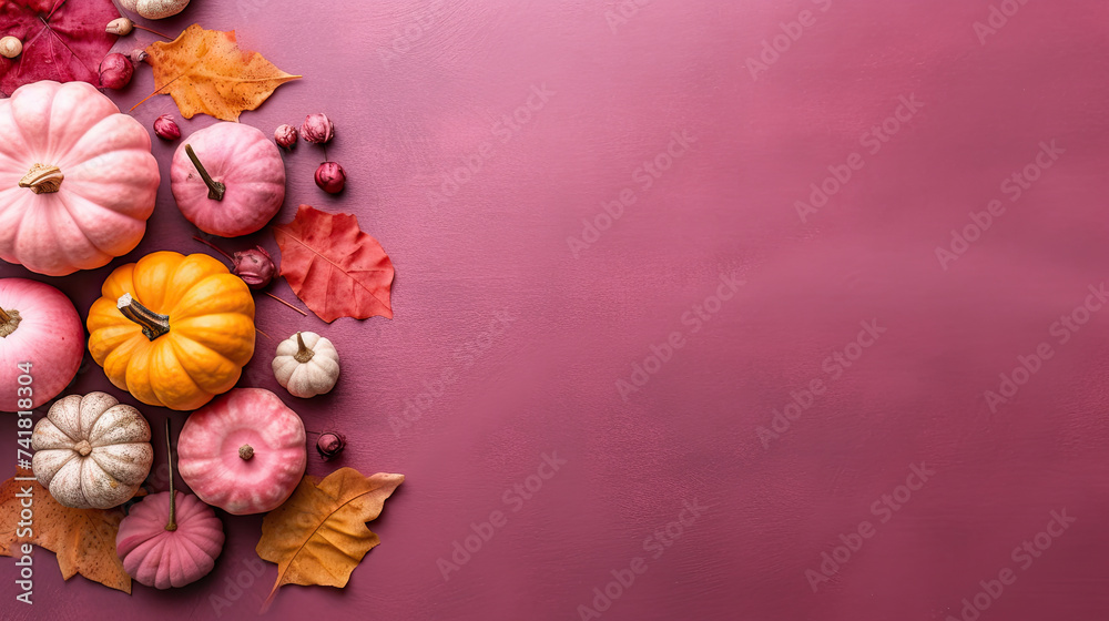 A group of pumpkins with dried autumn leaves and twig, on a vivid pink color stone A group of pumpkins with dried autumn leaves and twig, on a vivid pink color stone
