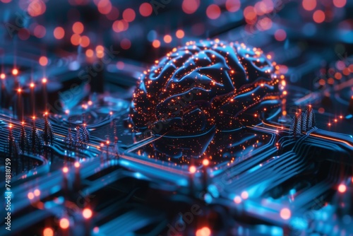 AI Brain Chip software testing. Artificial Intelligence neurotechnology implants human central sulcus mind circuit board. Neuronal network ebl smart computer processor nanomachines photo
