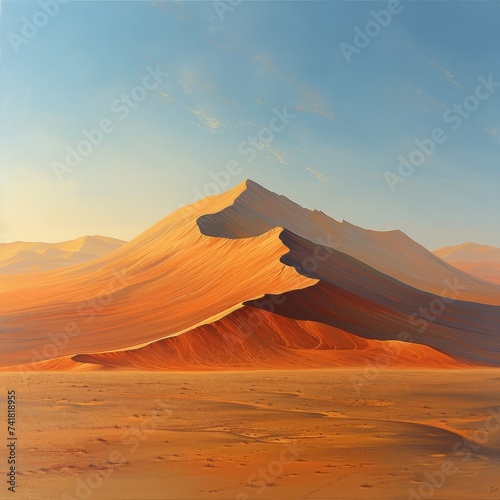 Vast Sand Dunes at Dusk: Expansive sand dunes at dusk, with warm tones and long shadows, capturing the solitude and beauty of the desert.