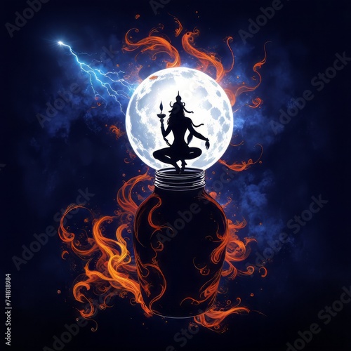 silhouette of an indian god crouching on a bottle glass at night with full moon and flames photo