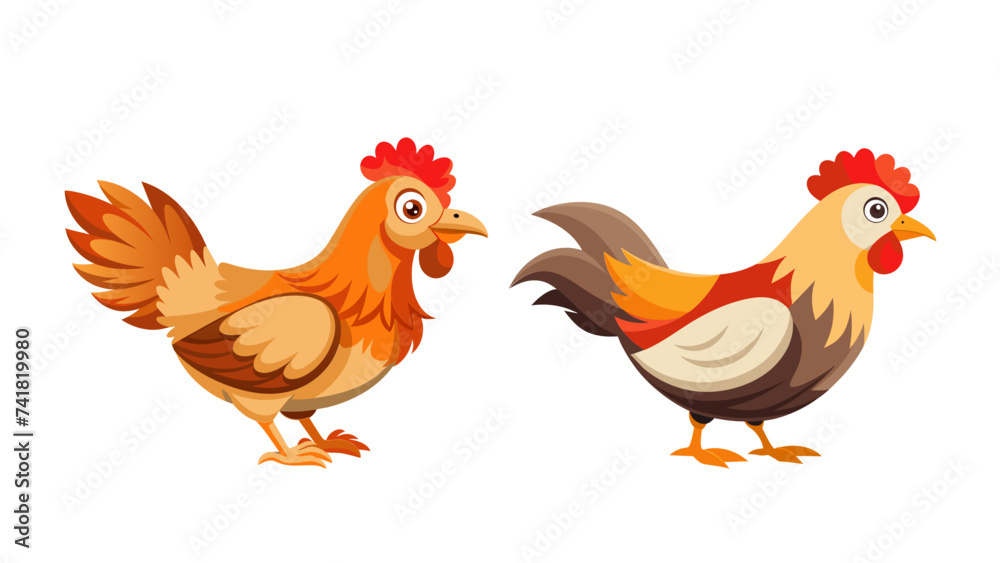 Chicken rooster and hen set vector, isolated. 