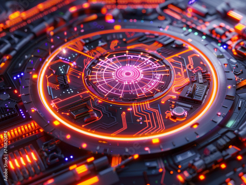 3d render of a circle HUD with quantum computing symbols and neon circuitry