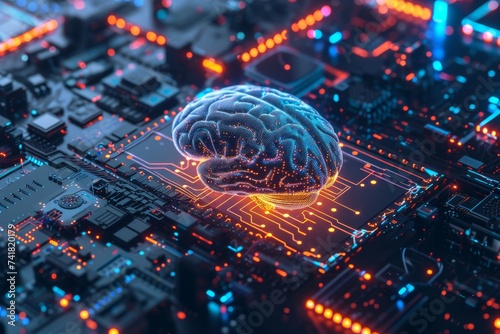 AI Brain Chip unmyelinated axon. Artificial Intelligence finfet human pll mind circuit board. Neuronal network artificial intelligence smart computer processor cleanroom facilities photo