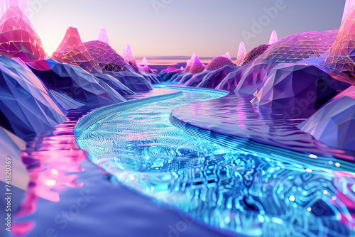 3d render of a dynamic flowing river of geometric shapes in a digital landscape photo
