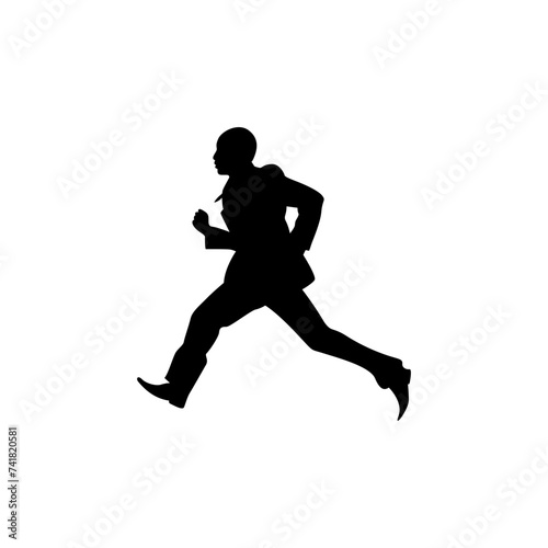 A leader or sprinter silhouette in a suit, running with determination, embodies ambition, urgency and relentless drive. In the background of a fast moving country.